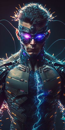 Portrait of a young cyborg man with futuristic color metal virtual reality glasses, cyborg man Augmented Reality, and futuristic vision 3d. Non-existent person. Generative AIの素材