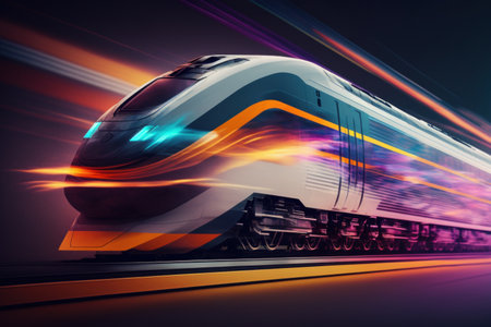 a futuristic train is moving along a city street with long exposures of the lights on the train and building behind the train. the futuristic transportation system. Generative Aiの素材