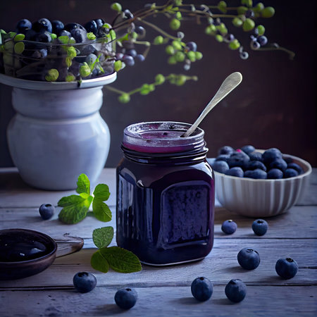Blueberry jam with fresh berries on an old wooden table. Blueberry jam in the glass jar with fresh berries. Healthy food for breakfast. Generative Aiの素材