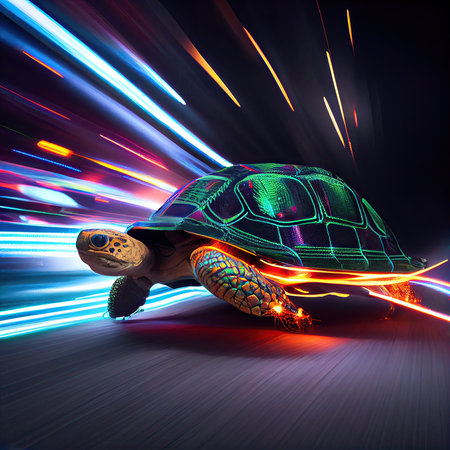 cute turtle crawl fast with speed motion blur, Commuting concept with Very fast turtle running in the streets. Generative Aiの素材