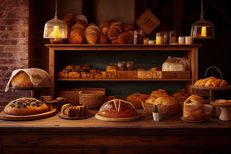 bakery interior with display counters full of scrumptious bread and pastries. Shop bakery with croissants, apple pies, waffles, and churros. Freshly baked pastries. Generative Aiの素材