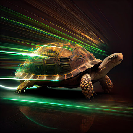 cute turtle crawl fast with speed motion blur, Commuting concept with Very fast turtle running in the streets. Generative Aiの素材