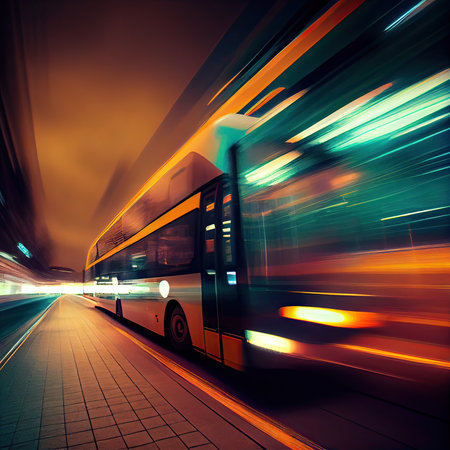 A bus is moving along a city street with long exposures of the lights on the bus and the building behind the train. the bus transportation system, high-speed. Generative Aiの素材