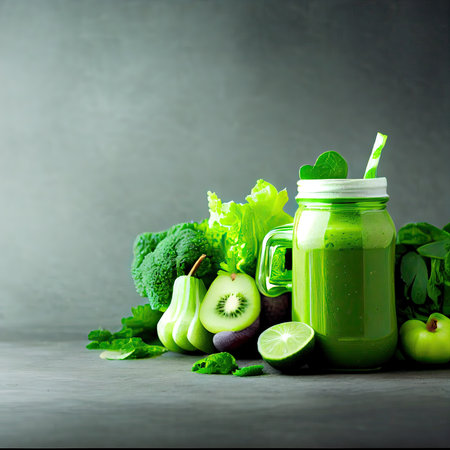 Glass jar mugs with green health smoothies. Copy space Healthy green smoothie in mason jar and ingredients. Superfoods, detox, diet, healthy food. Generative Aiの素材