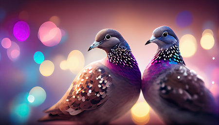 Cute couple of loving and colorful pigeons mating. Wood pigeons, pair of birds mating ritual in hearts shape blur background. Generative Aiの素材