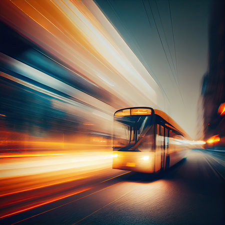 A bus is moving along a city street with long exposures of the lights on the bus and the building behind the train. the bus transportation system, high-speed. Generative Aiの素材