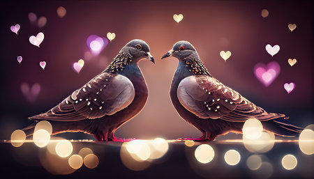 Cute couple of loving and colorful pigeons mating. Wood pigeons, pair of birds mating ritual in hearts shape blur background. Generative Aiの素材