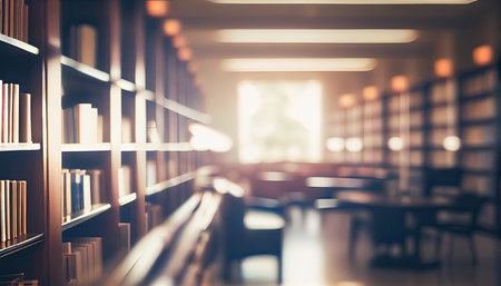 Abstract blurred public library interior space. blurry room with bookshelves by defocused effect. use for background or backdrop in business or education concepts. Generative Aiの素材