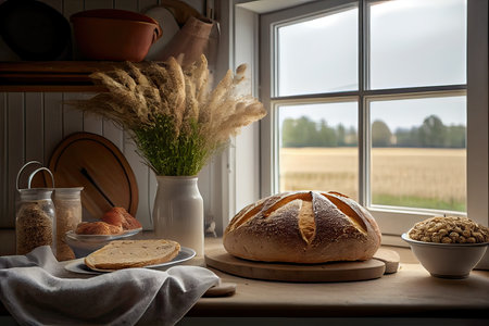 A loaf of bread on the table in a rustic kitchen.の素材