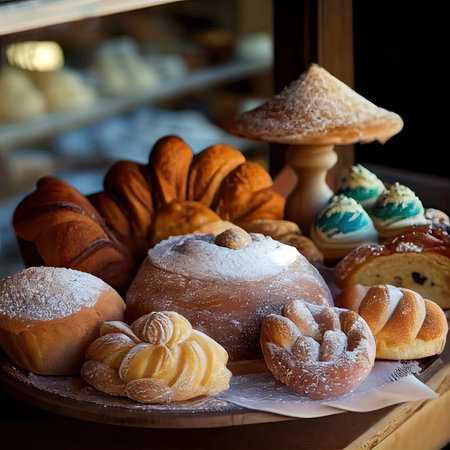bakery interior with display counters full of scrumptious bread and pastries. Shop a patisserie or bakery with croissants, apple pies, waffles, and churros. Generative Aiの素材