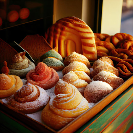 Variety of pastries on display in a bakery shop window.の素材