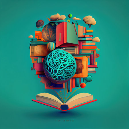 Book and Brain - modern Idea and Concept illustration Business. Idea concept with an open book, brain, and book on a green background.Generative Aiの素材