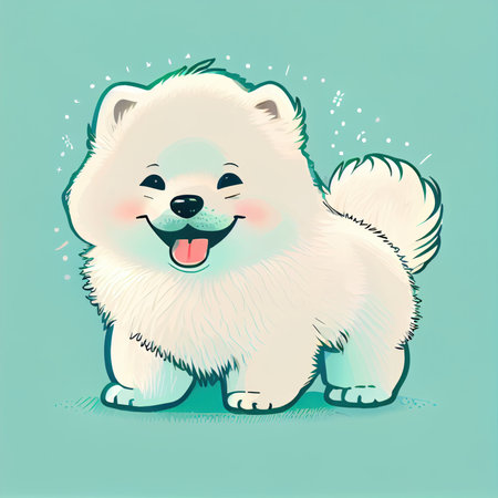 Portrait of a Cute cartoon baby dog smile in green background. It cute baby samoyed dog cartoon Illustration. Animal cute samoyed dog. Generative AIの素材