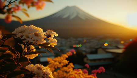 view of Mount Fuji with cherry blossom, and flowers at the lake in japan. Mount Fuji with cherry blossom, flowers at the lake in japan fuji mountain at viewpoint. Generative AIの素材