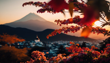 view of Mount Fuji with cherry blossom, and flowers at the lake in japan. Mount Fuji with cherry blossom, flowers at the lake in japan fuji mountain at viewpoint. Generative AIの素材