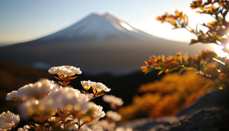 view of Mount Fuji with cherry blossom, and flowers at the lake in japan. Mount Fuji with cherry blossom, flowers at the lake in japan fuji mountain at viewpoint. Generative AIの素材