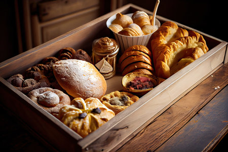 bakery interior with display counters full of scrumptious bread and pastries. Shop a patisserie or bakery with croissants, apple pies, waffles, and churros. Generative Aiの素材
