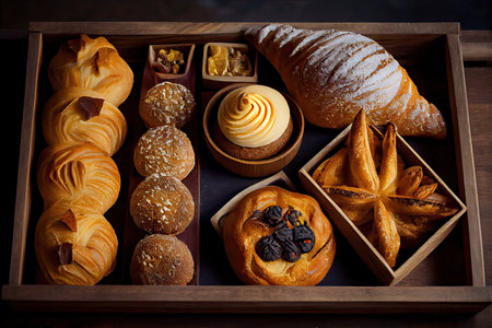 bakery interior with display counters full of scrumptious bread and pastries. Shop a patisserie or bakery with croissants, apple pies, waffles, and churros. Generative Aiの素材
