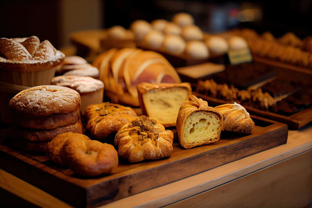 bakery interior with display counters full of scrumptious bread and pastries. Shop a patisserie or bakery with croissants, apple pies, waffles, and churros. Generative Aiの素材