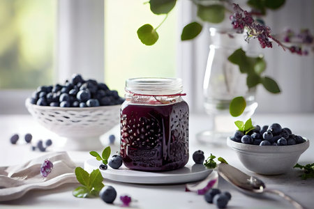 Blueberry jam with fresh berries on an old wooden table. Blueberry jam in the glass jar with fresh berries. Healthy food for breakfast. Generative Aiの素材
