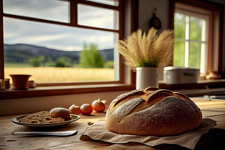 Fresh bread on the kitchen table in front of a window with a countryside panorama, healthy eating and traditional bakery concept. Genrative Aiの素材