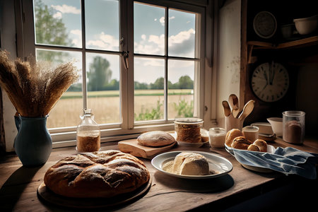 Fresh bread on the kitchen table in front of a window with a countryside panorama, healthy eating and traditional bakery concept. Genrative Aiの素材
