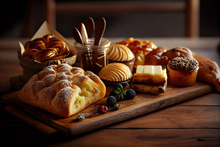 bakery interior with display counters full of scrumptious bread and pastries. Shop a patisserie or bakery with croissants, apple pies, waffles, and churros. Generative Aiの素材