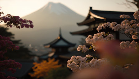 view of Mount Fuji with cherry blossom, and flowers at the lake in japan. Mount Fuji with cherry blossom, flowers at the lake in japan fuji mountain at viewpoint. Generative AIの素材