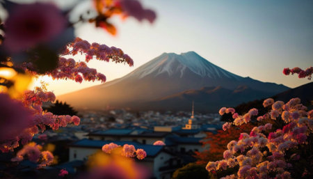 view of Mount Fuji with cherry blossom, and flowers at the lake in japan. Mount Fuji with cherry blossom, flowers at the lake in japan fuji mountain at viewpoint. Generative AIの素材