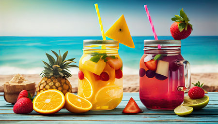 Mason jars with fruit and berry lemonade on the beachの素材