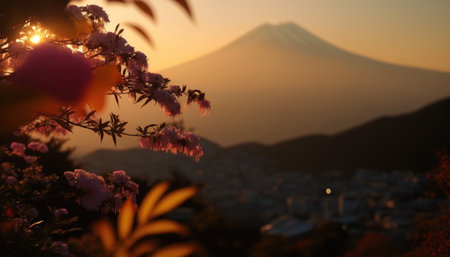 view of Mount Fuji with cherry blossom, and flowers at the lake in japan. Mount Fuji with cherry blossom, flowers at the lake in japan fuji mountain at viewpoint. Generative AIの素材