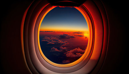 View from the porthole of an airplane with a beautiful sunsetの素材