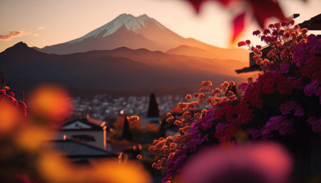view of Mount Fuji with cherry blossom, and flowers at the lake in japan. Mount Fuji with cherry blossom, flowers at the lake in japan fuji mountain at viewpoint. Generative AIの素材