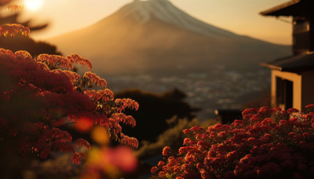 view of Mount Fuji with cherry blossom, and flowers at the lake in japan. Mount Fuji with cherry blossom, flowers at the lake in japan fuji mountain at viewpoint. Generative AIの素材