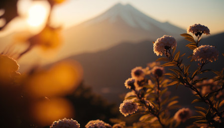 Fuji and cherry blossoms in front of Mt. Fuji at sunsetの素材