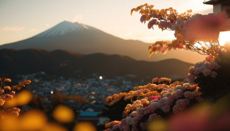 view of Mount Fuji with cherry blossom, and flowers at the lake in japan. Mount Fuji with cherry blossom, flowers at the lake in japan fuji mountain at viewpoint. Generative AIの素材