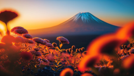 view of Mount Fuji with cherry blossom, and flowers at the lake in japan. Mount Fuji with cherry blossom, flowers at the lake in japan fuji mountain at viewpoint. Generative AIの素材
