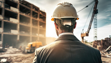Construction concept. at back of the construction worker head which is wearing the safety helmet and checking work at the construction site. Non-existent person. Generative Aiの素材