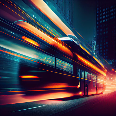 A bus is moving along a city street with long exposures of the lights on the bus and the building behind the train. the bus transportation system, high-speed. Generative Aiの素材