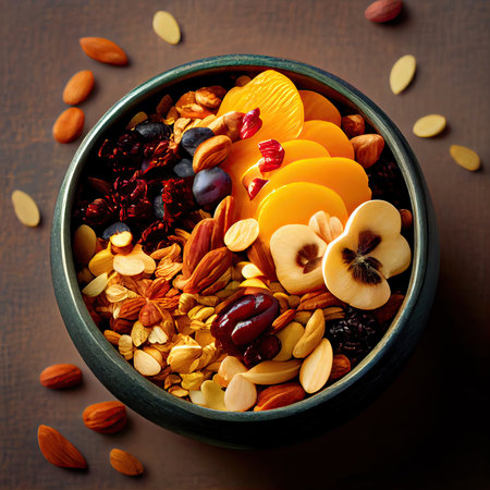 smoothie, granola, seeds, fresh fruits in a wooden bowl with cactus spoon. Plate filled with berries on white wooden background. Generative Aiの素材