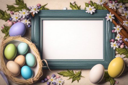 Top view, flat lay easter eggs with copy space center for text. Easter egg concept. Minimal.Happy Easter card with copy space for text. Happy Easter concept. Generative AIの素材