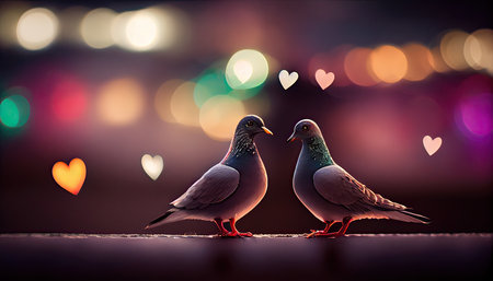 Cute couple of loving and colorful pigeons mating. Wood pigeons, pair of birds mating ritual in hearts shape blur background. Generative Aiの素材