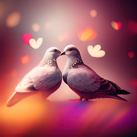 Cute couple of loving and colorful pigeons mating. Wood pigeons, pair of birds mating ritual in hearts shape blur background. Generative Aiの素材