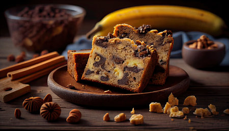 Pieces of American homemade sliced banana bread with chopped walnuts, chocolate, and cinnamon. Stack of pieces of bread. Breakfast concept. Generative Aiの素材