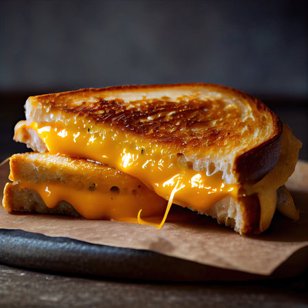 Close-up of a grilled cheese with melted cheese in a wood plate. homemade grilled cheese sandwich for breakfast. Tasty toast sandwiches with cheese on wooden table. Generative Aiの素材