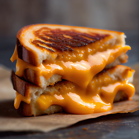 Close-up of a grilled cheese with melted cheese in a wood plate. homemade grilled cheese sandwich for breakfast. Tasty toast sandwiches with cheese on wooden table. Generative Aiの素材