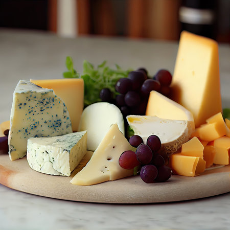 Cheese variety, many different types of cheeses, on a dark background. different kinds of delicious cheese. large assortment of international cheese specialties. Generative Aiの素材