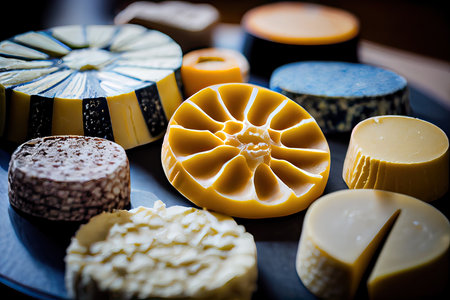 Cheese variety, many different types of cheeses, on a dark background. different kinds of delicious cheese. large assortment of international cheese specialties. Generative Aiの素材