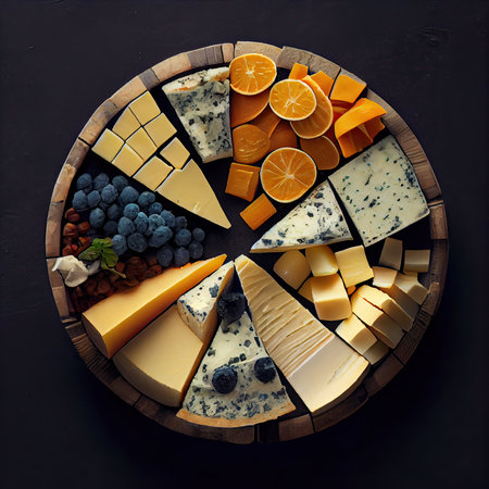 Cheese and wine tasting, cheese platter with figs, a flat lay, top shot. Assortment of cheeses. Top view Cheese variety on plate wood. Soft and hard cheeses. Generative Aiの素材