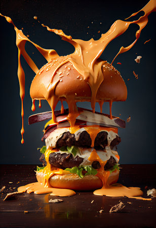 American food. Burger layers isolated. Separated burger layers. Hamburger explosion. Cheeseburger flying fillings isolated. Levitation of burger. Generative Aiの素材